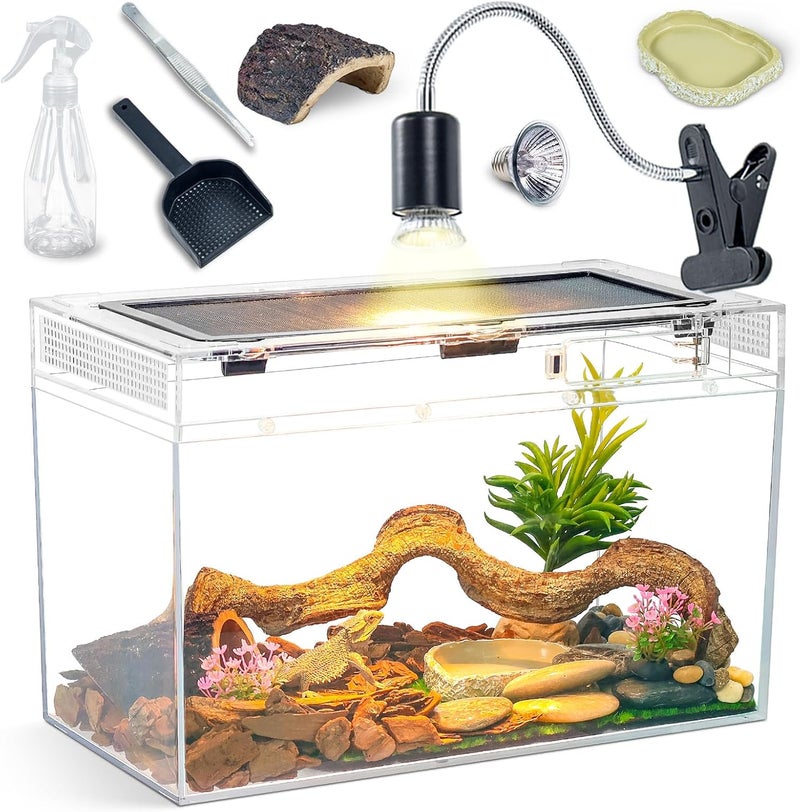 BINANO 16×10×8'' Reptile Tank Kit with Heat Lamp, Spray Bottle, Shovel, Tweezers, Food Bowl, Hideout -Perfect for Geckos, Bearded Dragons, Snakes, Lizards, Turtles 360° Viewing, PC Glass - Image 1